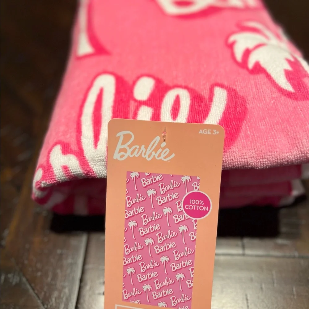 Barbie Signature Logo Palm Tree Pink and White Beach Towel